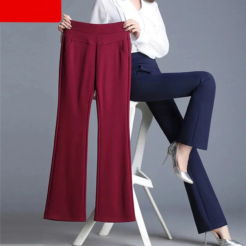 Moda magro estiramento flare calças senhora do escritório elegante elástico de cintura alta bell bottom calças femininas primavera tornozelo comprimento pantalones