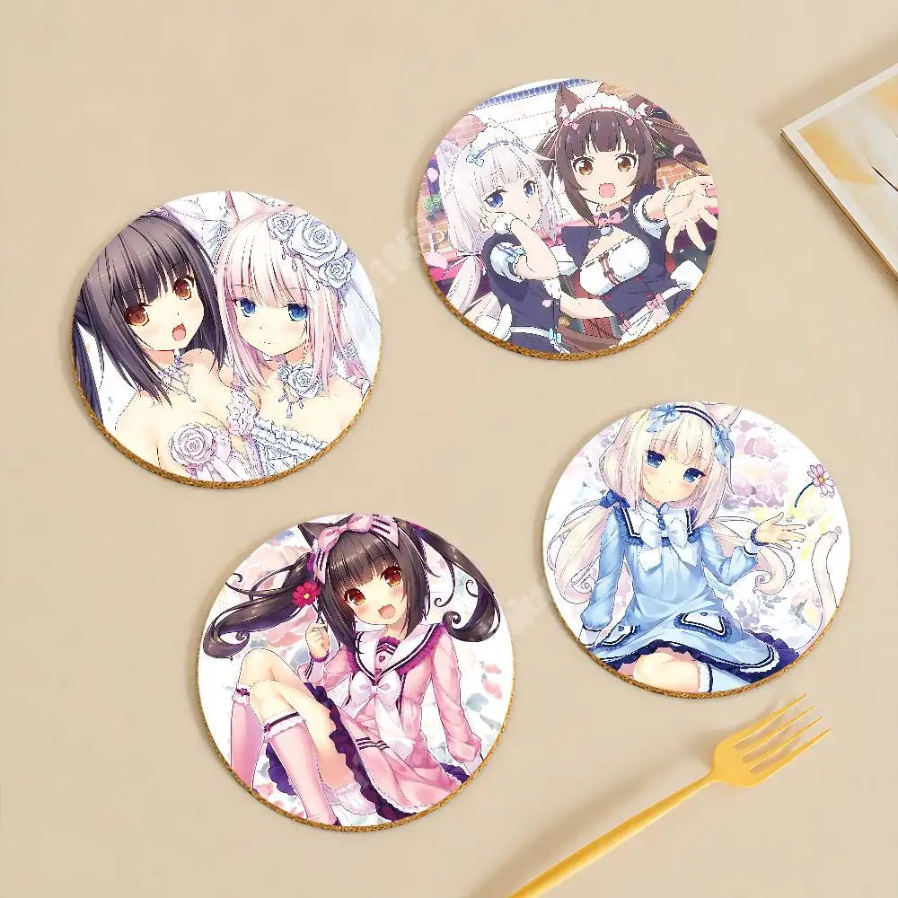 N-Nekopara Chocola Vanilla Visual Novel Wooden Cup Mat Cappuccino Vodka Juice Water Coaster for Flower Shop