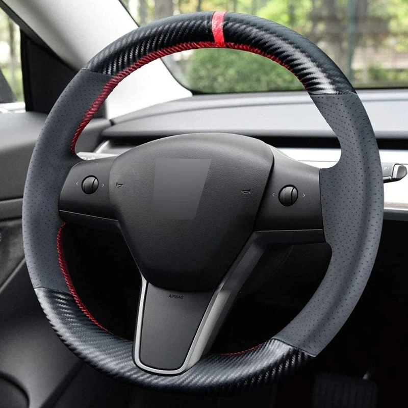 Carbon Fiber Steering Wheel Cover for Tesla Model 3 Sedan 2017-2021 Model Y SUV 2020 2021 Stitching Leather Interior Accessories