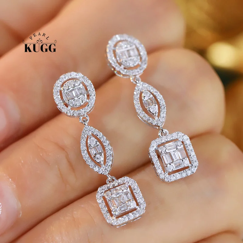 KUGG 100% 18K White Gold Earrings Luxury Geometric Design 0.70carat Real Natural Diamond Drop Earrings for Women Party Jewelry