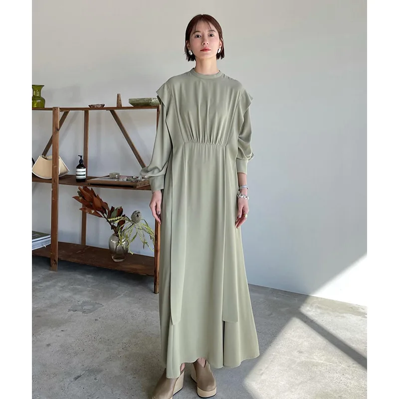 

Gagarich 2025 Spring New Long Sleeve Light Green Long Dress Style Commuter Set High Waist Solid Color Dresses
