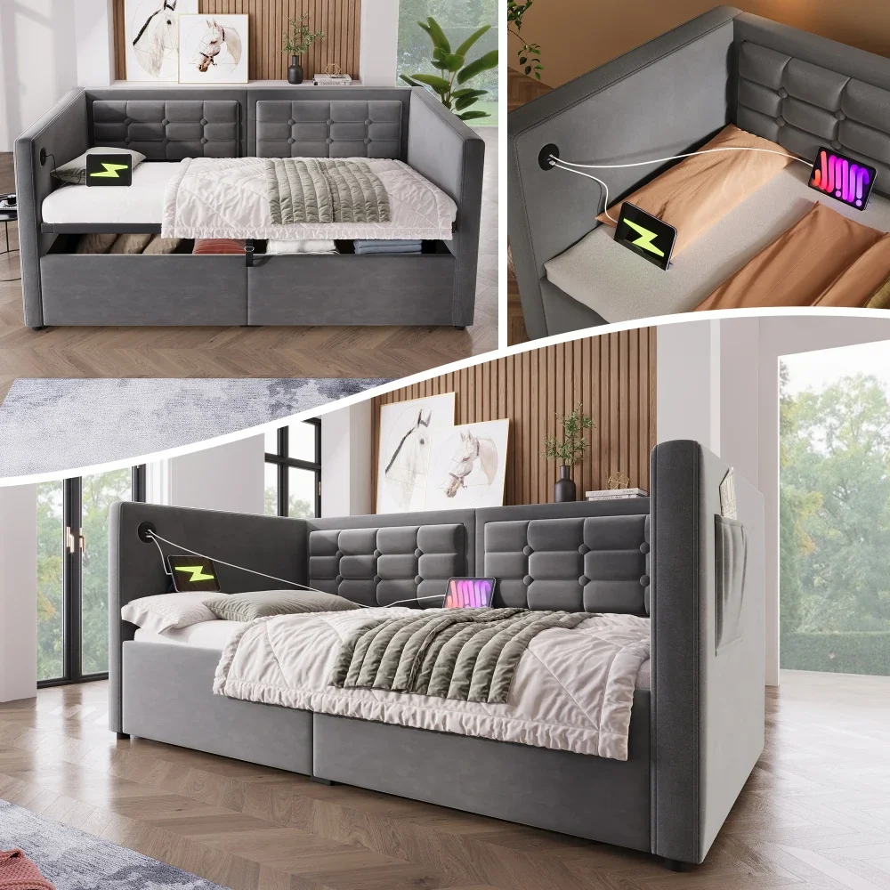 Gepolstertes Schlafsofa 90 x 200 cm, Einzelbett, Schlafsofa mit hydraulischer Stauraum, Gästebett mit Holztablett, Grillsamt, ohne Matratze.