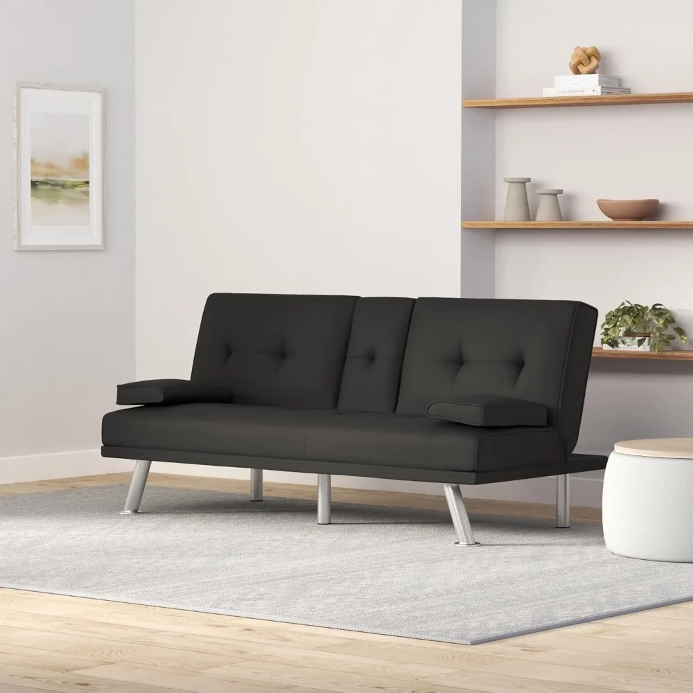 

70 Inch Futon Sofa Bed, Twin Convertible Loveseat Sofa Couch, Removable Armrests Faux Leather Folding Sleeper Sofa with Cup