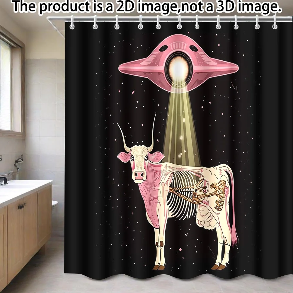 

UFO Abduction Cow Shower Curtain Sci-Fi Anatomy Art with Pink Flying Saucer, Black Background, Includes Hooks 70.8×70.8 Inches