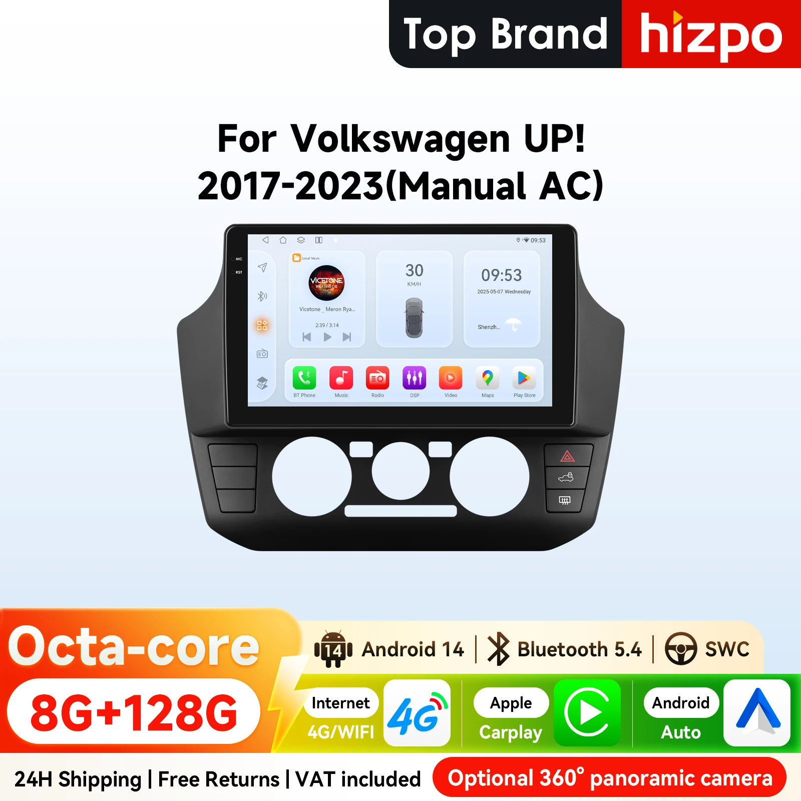 9" Hizpo 2Din Android Auto Autoradio für Volkswagen UP 2017 - 2023 Manuelles A/C 4G BT Carplay GPS DSP RDS Snapdraogn 6115 360 ° CAM