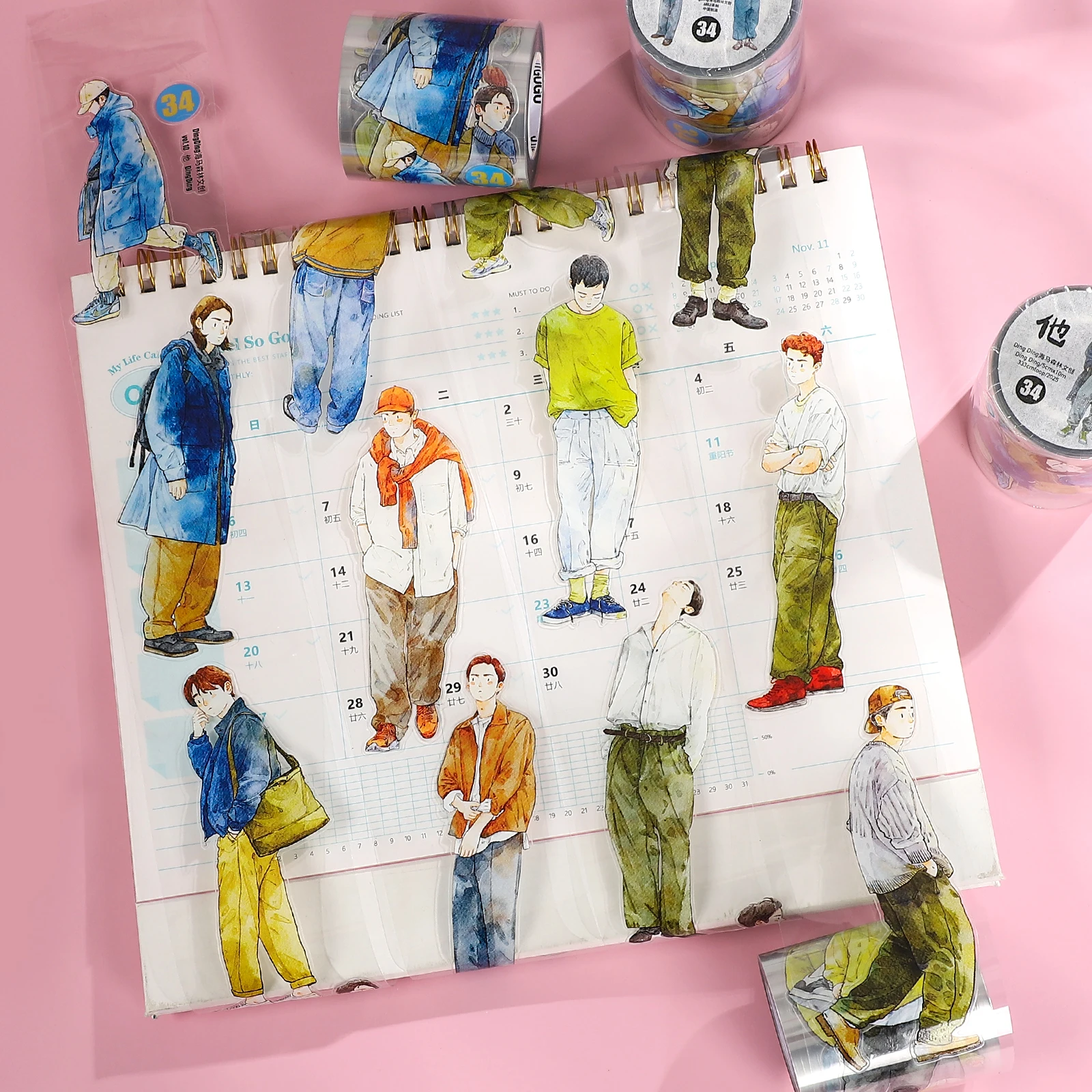 

50mm*1000cm Vintage Boys Outfits Character Landscape PET Tape Creative Journal Material Collage Scrapbook Stationery