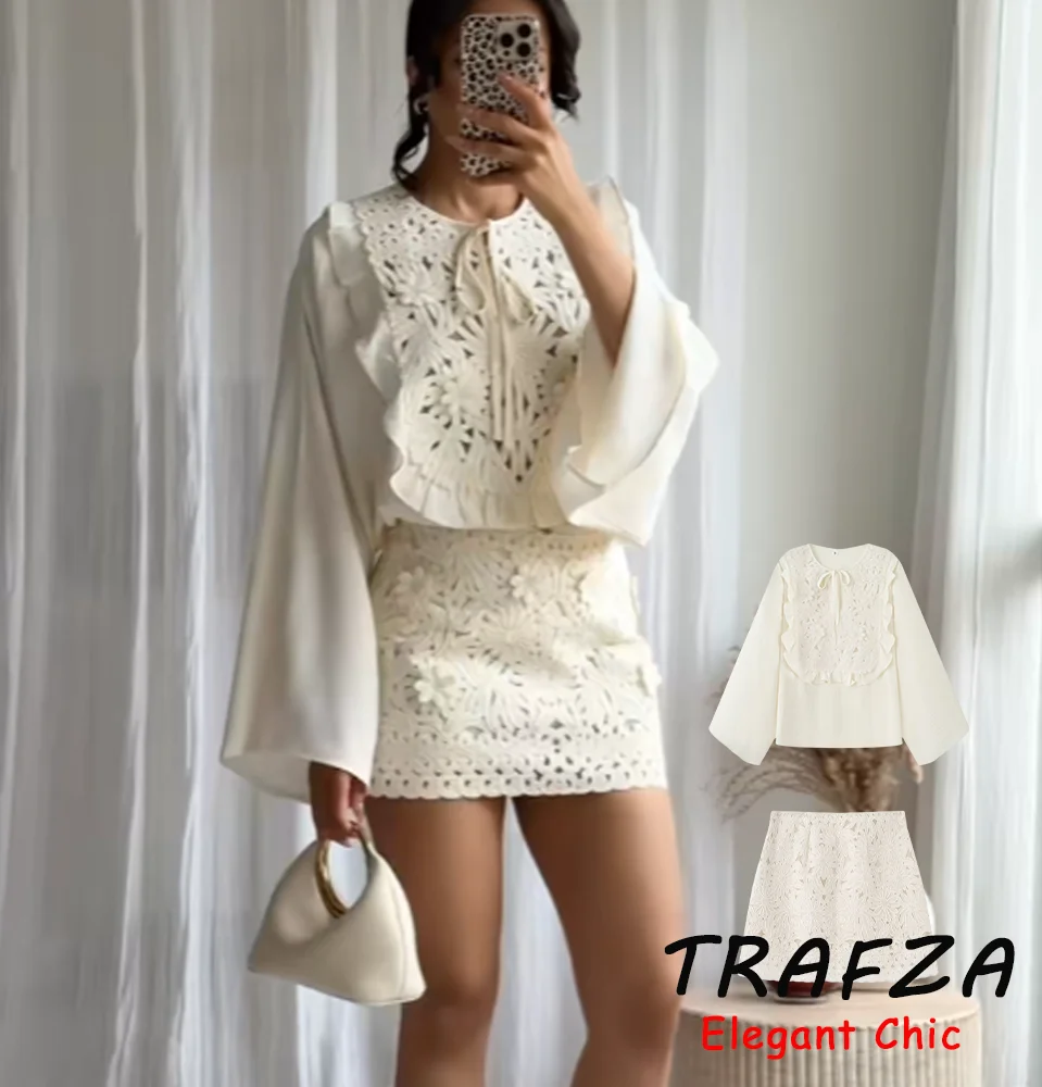 TRAFZA Elegant Hook Flower Hollow Set Boho Women's Wide Sleeve Shirt Or Mini Skirt 2025 Spring Summer Fashion Holiday Skirt Set