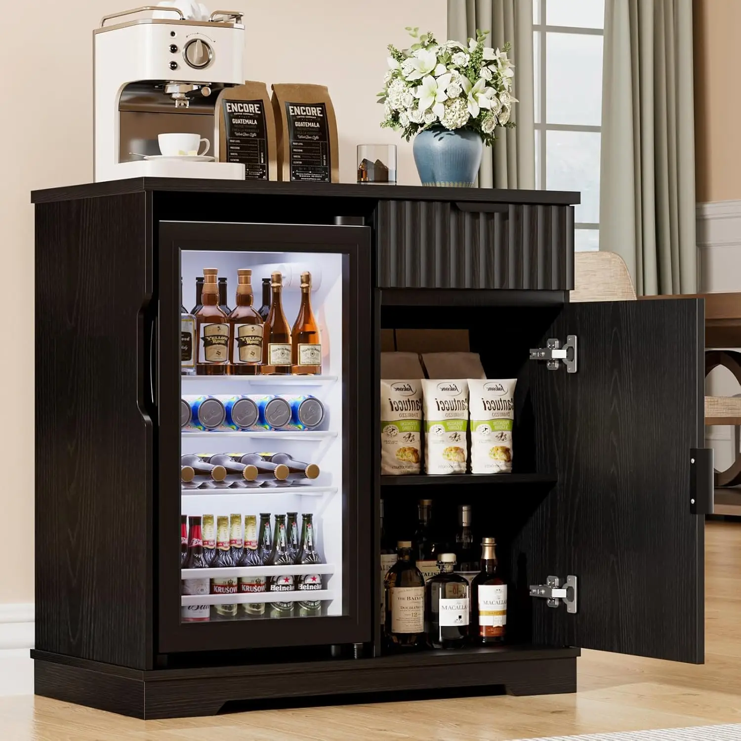 Fluted Coffee Bar Cabinet with Mini Fridge Pull Out Drawer 31.5in Wine Liquor Storage Home Kitchen Dining Room Black, Customized