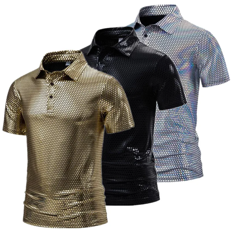 Shiny Silver Fish Scale Pattern Polo Shirts For Men Short Sleeve 70s Disco Nightclub Party Tshirts Hip Hop Hipster Stage Costume