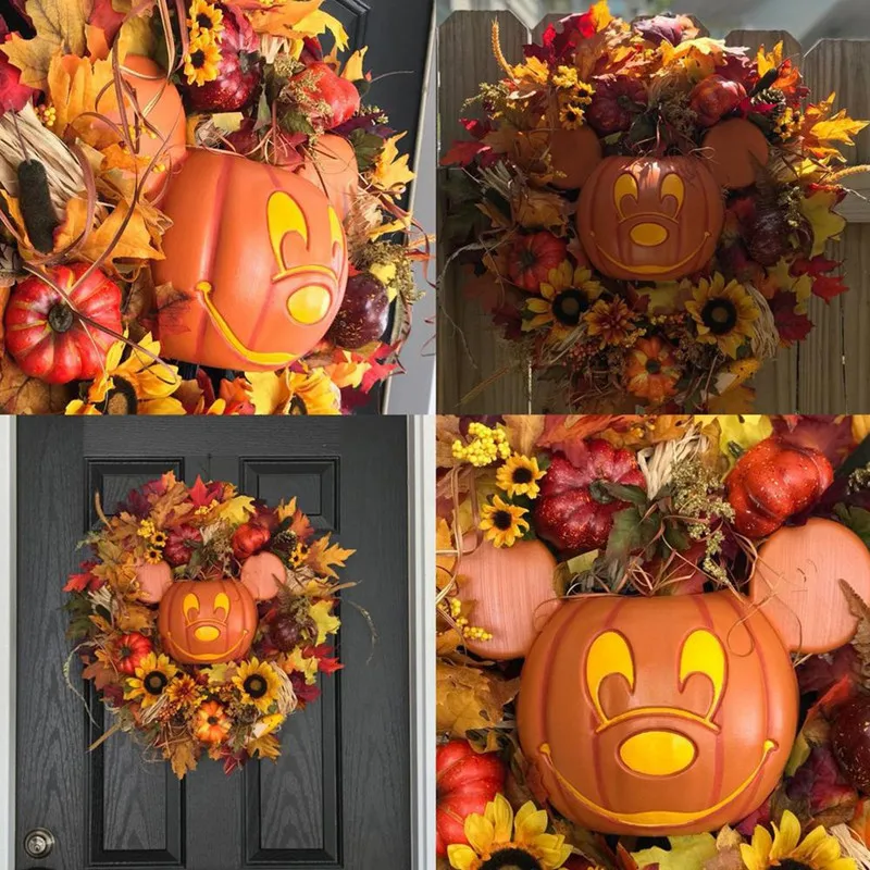 Halloween Fall Pumpkin Mickey Wreath For Front Door With Pumpkins Artificial Maples Sunflower Autumns Harvest Holiday Greater