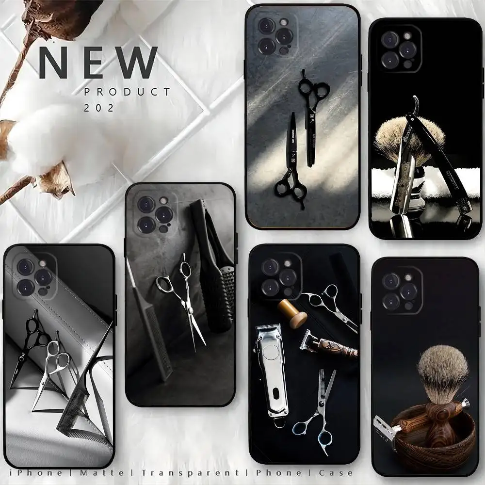 

Barber Shop Hair style tools Phone Case For iPhone 17,16,15,14,13,12,Pro,Max,Plus,E,SE4,Air,Mini Black Soft Box