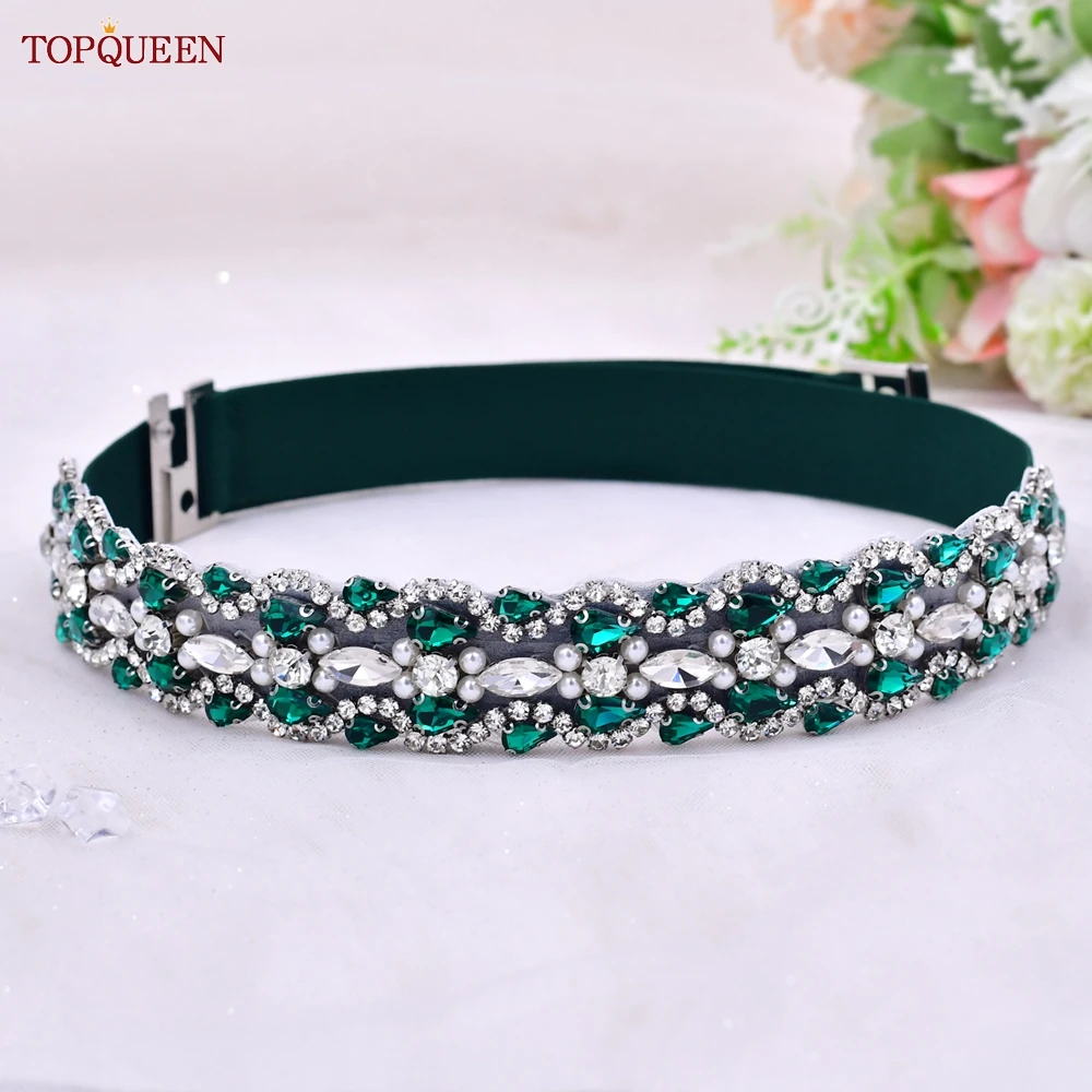 TOPQUEEN S466-D Belts for Women Fashion Waist Elastic Ladies Band Dark Green Rhinestone Decoration Coat Sweater Dress Waistband