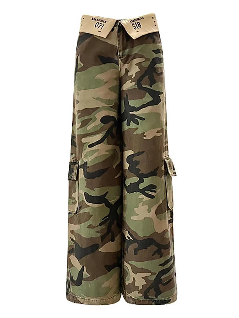 

Джинсы-клеш в американском стиле с низкой посадкой, камуфляжные, в стиле ретро, с широкими штанинами, летняя новинка, с дизайнерским акцентом на талии