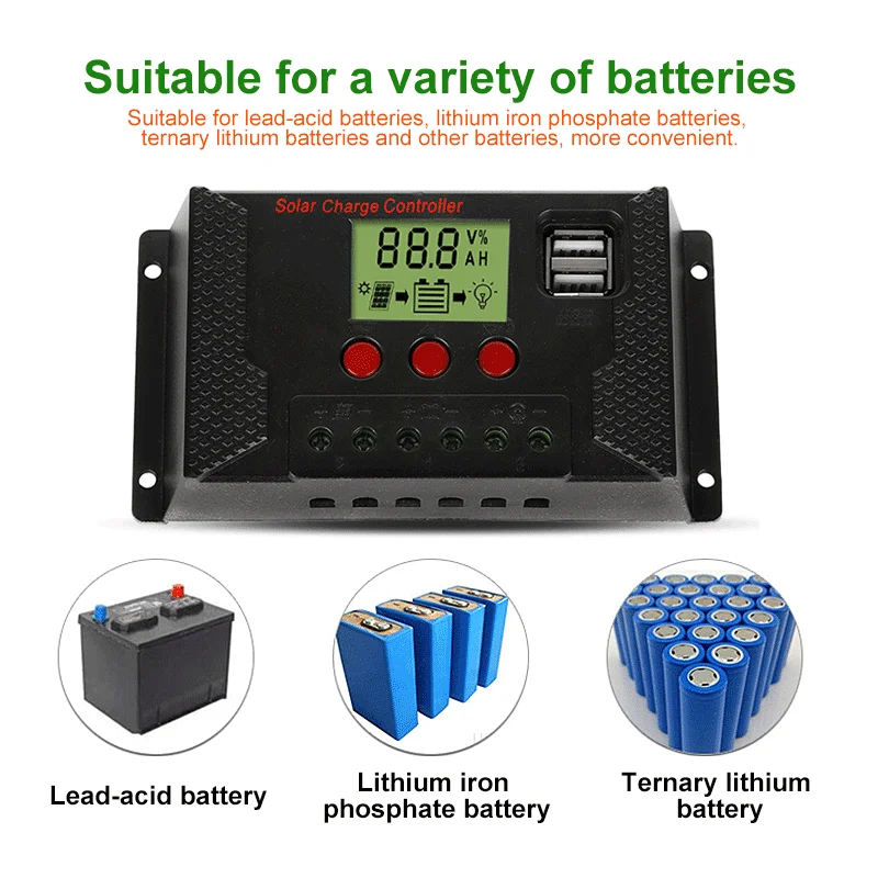 10A-100A Solar Controller Adaptive 12V/24V Lithium Battery/Lead-Acid Battery Charge Discharge PWM USB PV Panel Controller