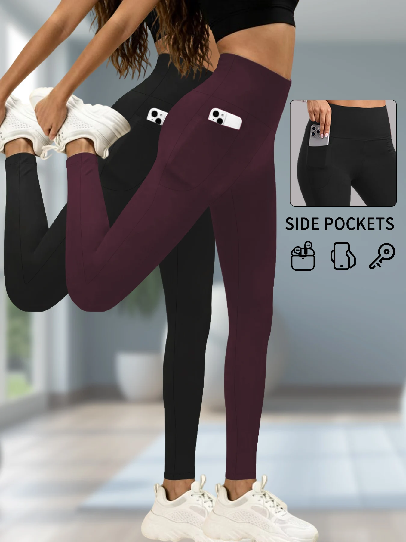 กางเกงเลกกิ้งกีฬาเนื้อนุ่มพิเศษ 2 ชิ้น พร้อมกระเป๋าสำหรับผู้หญิง เอวสูง เหมาะสำหรับออกกำลังกาย โยคะ วิ่ง กระชับรูปร่าง ยกกระชับ สำหรับฟิตเนส