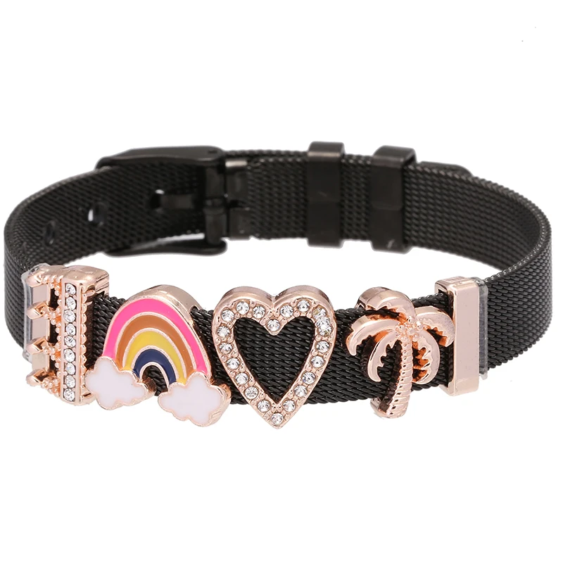 BAOPON Black & Colorful Stainless Steel Mesh Bracelet Bangles For Women with Slide Charms Bracelets DIY Jewelry as Special Gift
