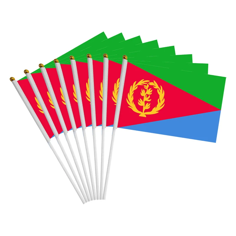 Aerlxemrbrae   100pcs/lot  Eritrea Hand Flag 14*21cm   Small Hand waving Flag with plastic flagpole