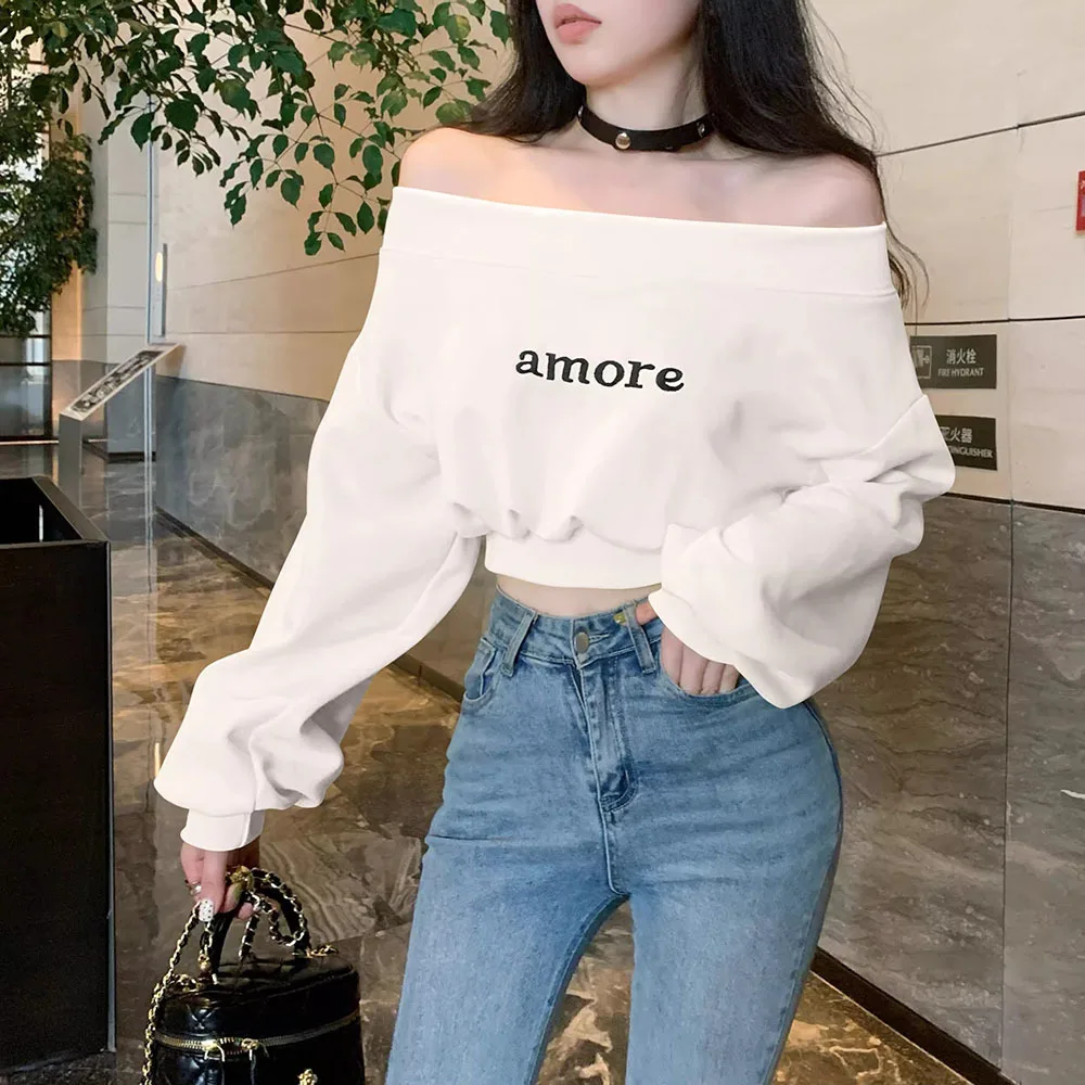 Sexy Off Shoulder Sweatshirt For Girls Spring Summer Solid Elastic Crop Tops Women\'s Korean Slim Gyaru Female Short Pullovers