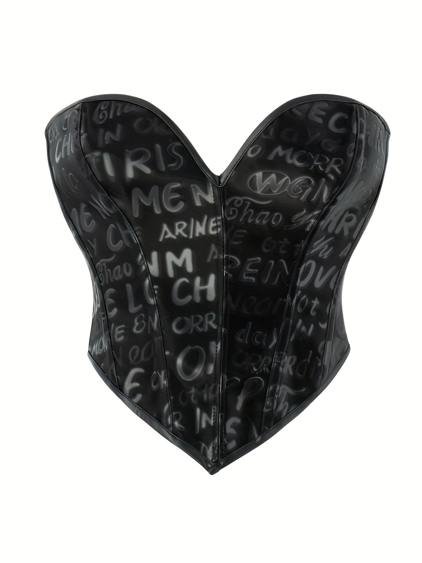 

Black letter printed strapless bodyhugging waist cinching fishbone corset and shaping top