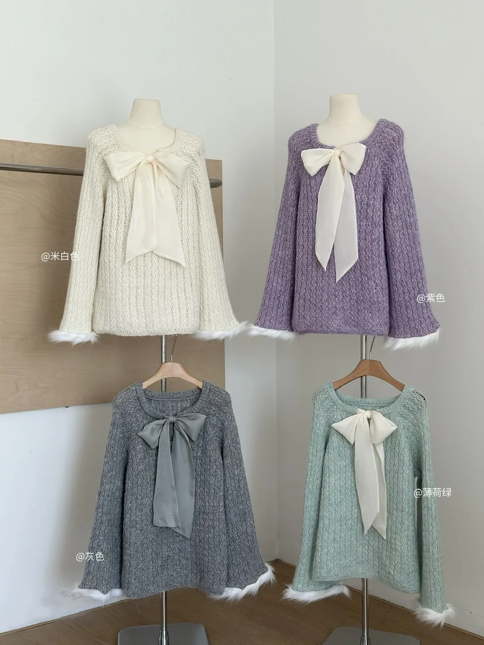 Korean Boe tied fashionable patchwork furry sleeve bow warm sweater for women