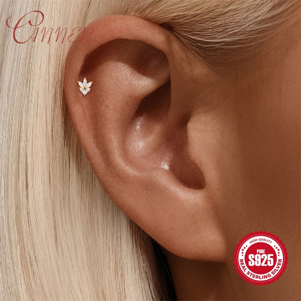 CANNER 925 Sterling Silver Helix Piercing EarStuds Heart Round Ball Flat Geometric Zircon Exquisite Silver Stud Earrings Aretes