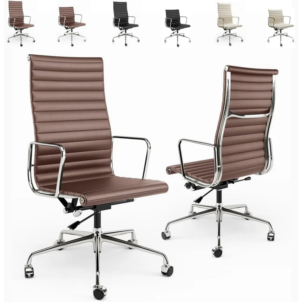 

Ribbed Office Chair Top Grain Leather Desk Chair High Back Genuine Leather Swivel Chairs with Aluminum Alloy Arms & Base
