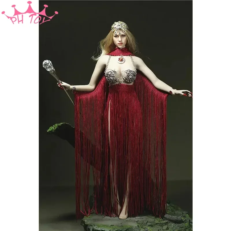 Customized 1/6 Scale Female Red Tassel Dress Goddess of Fire Metal Bra & Fringed Skirt Model for 12in Action Figure Ph Tbl Toys