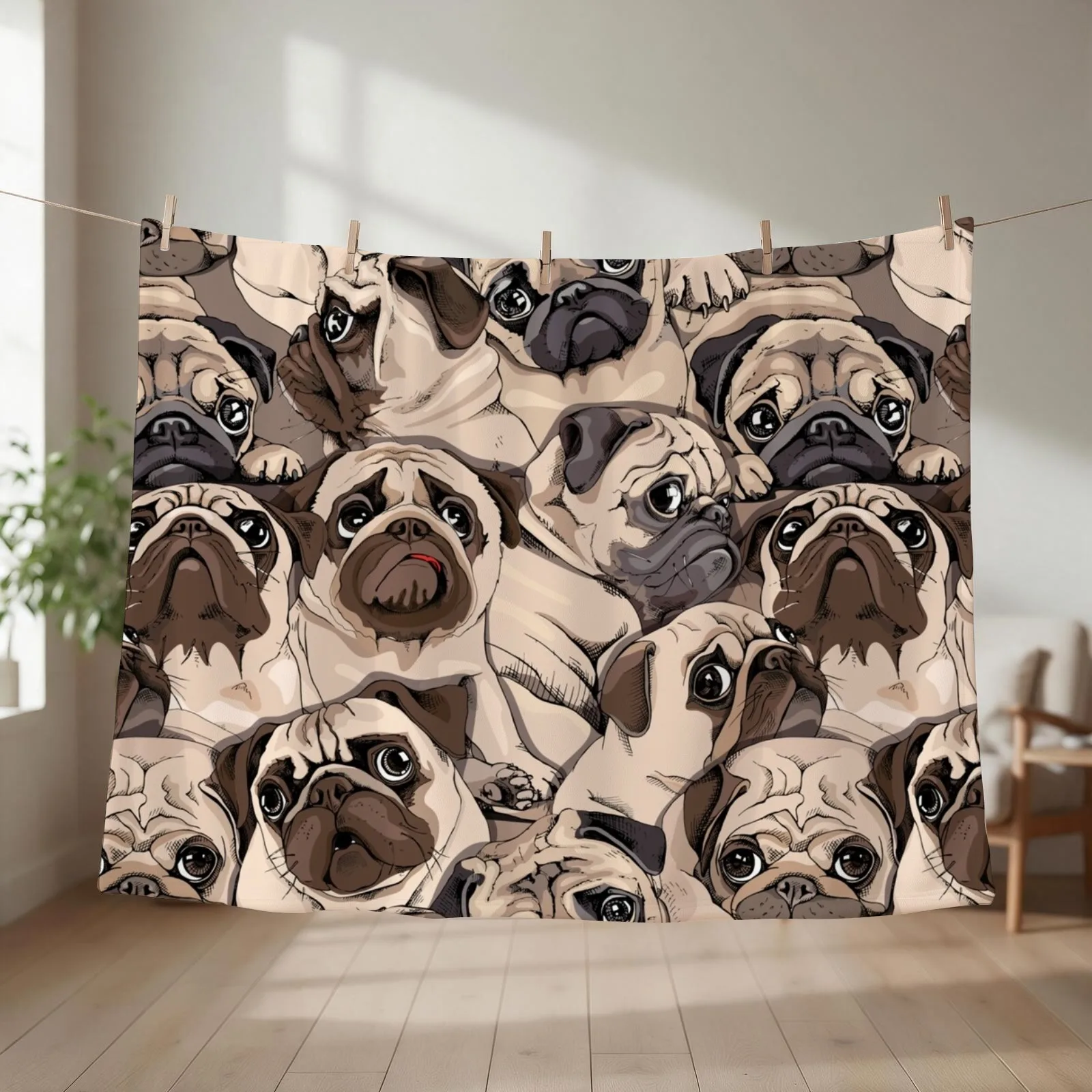 Seamless pattern - Portrait of many pugs Throw Blanket couch cozy soft plush fuzzy picnic outdoor blanket