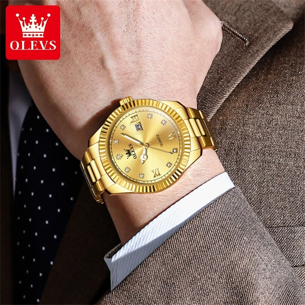 OLEVS-Reloj de pulsera de cuarzo para hombre, cronógrafo de lujo con correa de acero inoxidable, resistente al agua, calendario luminoso, ideal para regalo de negocios, novedad de 3623