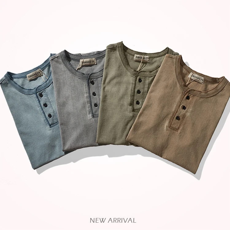 Heavyweight Pure Cotton Men's T-shirt Summer American Retro Short Sleeve Button Collar 280g High Grammage Casual Fashion