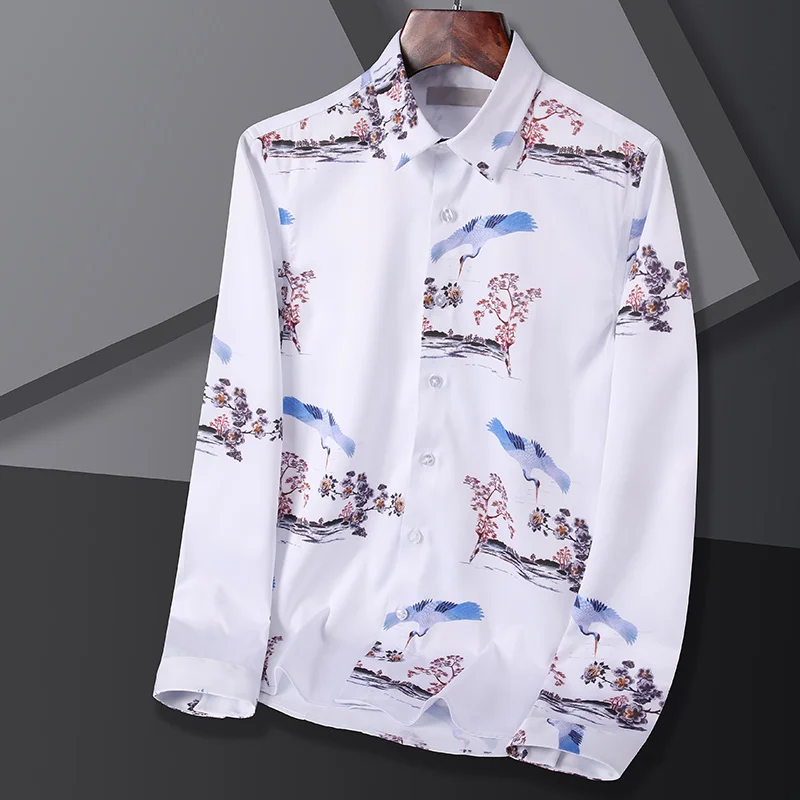 

2022 New Shirts for Men Fashion Smart Casual Turn-Down Collar Slim Shirts Men Clothing Mens Long Sleeve Print Shirt Men