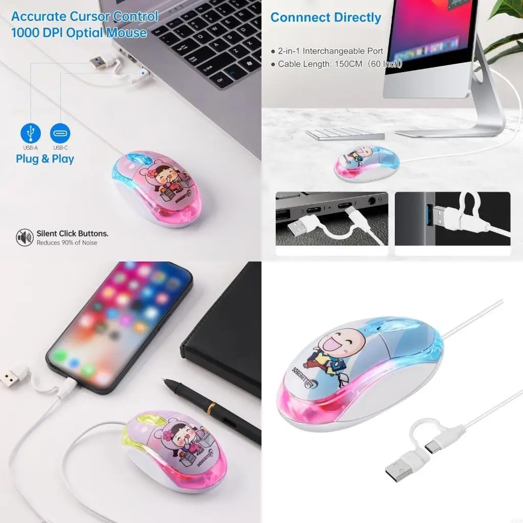 

2 in 1 Type C USB Wire Mouse 7 LED Backlight 1000DPI 3 Buttons Mouse for Laptop 83CE