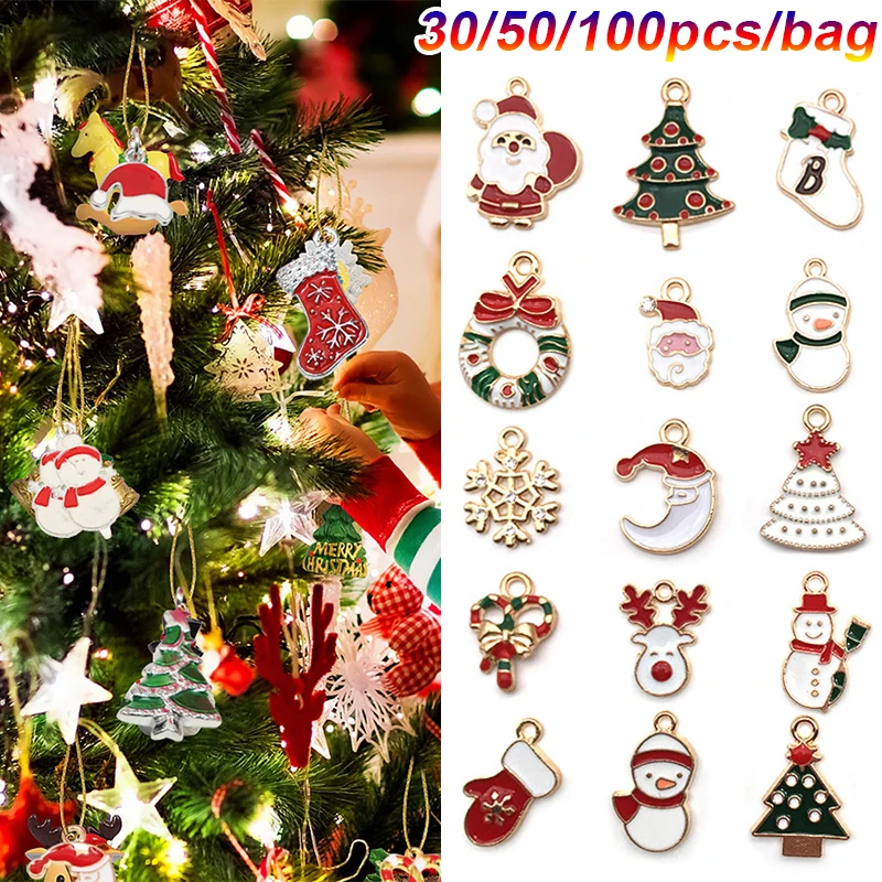 30/50/100pc Christmas Charms Components Oil Drip Alloy DIY Pendants Elk Snowman Enamel Festival Ornament Jewelry Making Findings