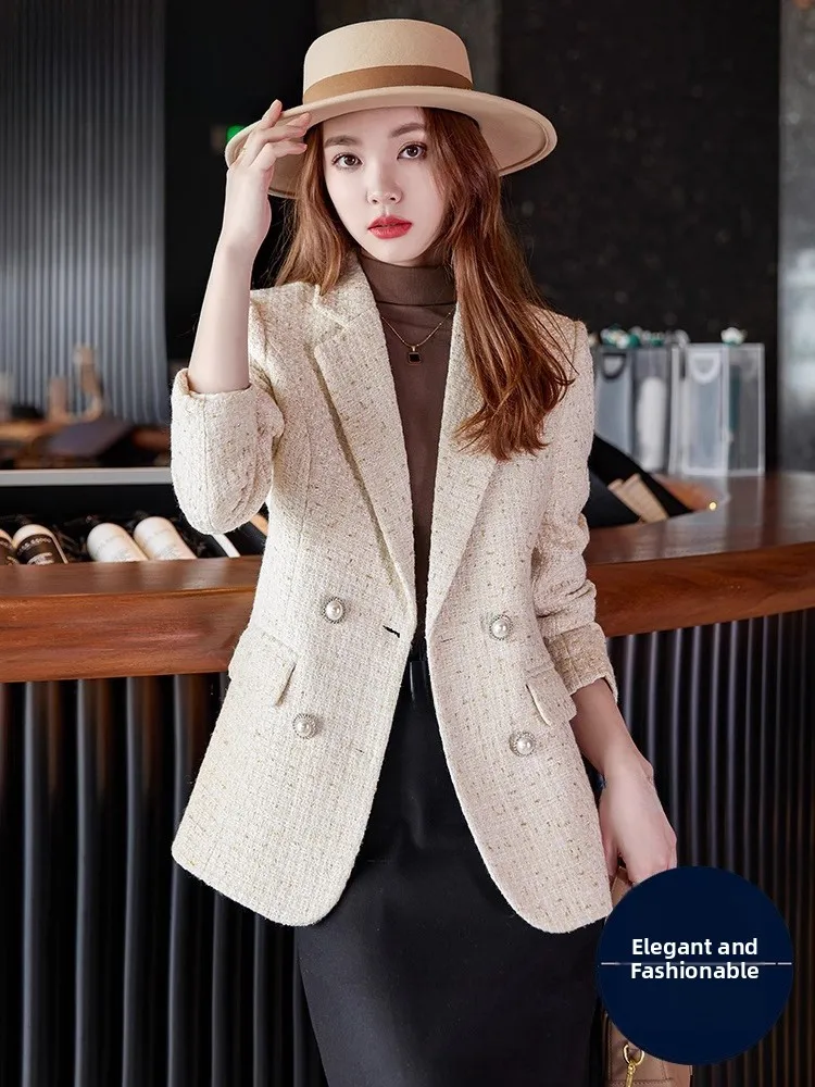 

Style Khaki Woolen Suit Jacket Women's Fashion Autumn Winter Plaid Outerwear Button Detailing Office Commute Ready