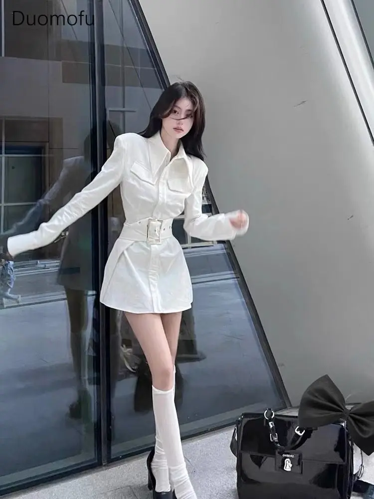 Duomofu Autumn White Chicly Polo Neck Simple Female Dresses New Basic Belt Fashion Office Ladies Solid Color Casual Women Dress