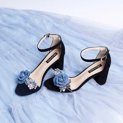 Black Suede Chunky Square Heel Sandals Blue Flower One-button Ankle Strap Female Summer Hollow Confortable Daily Wear Pumps