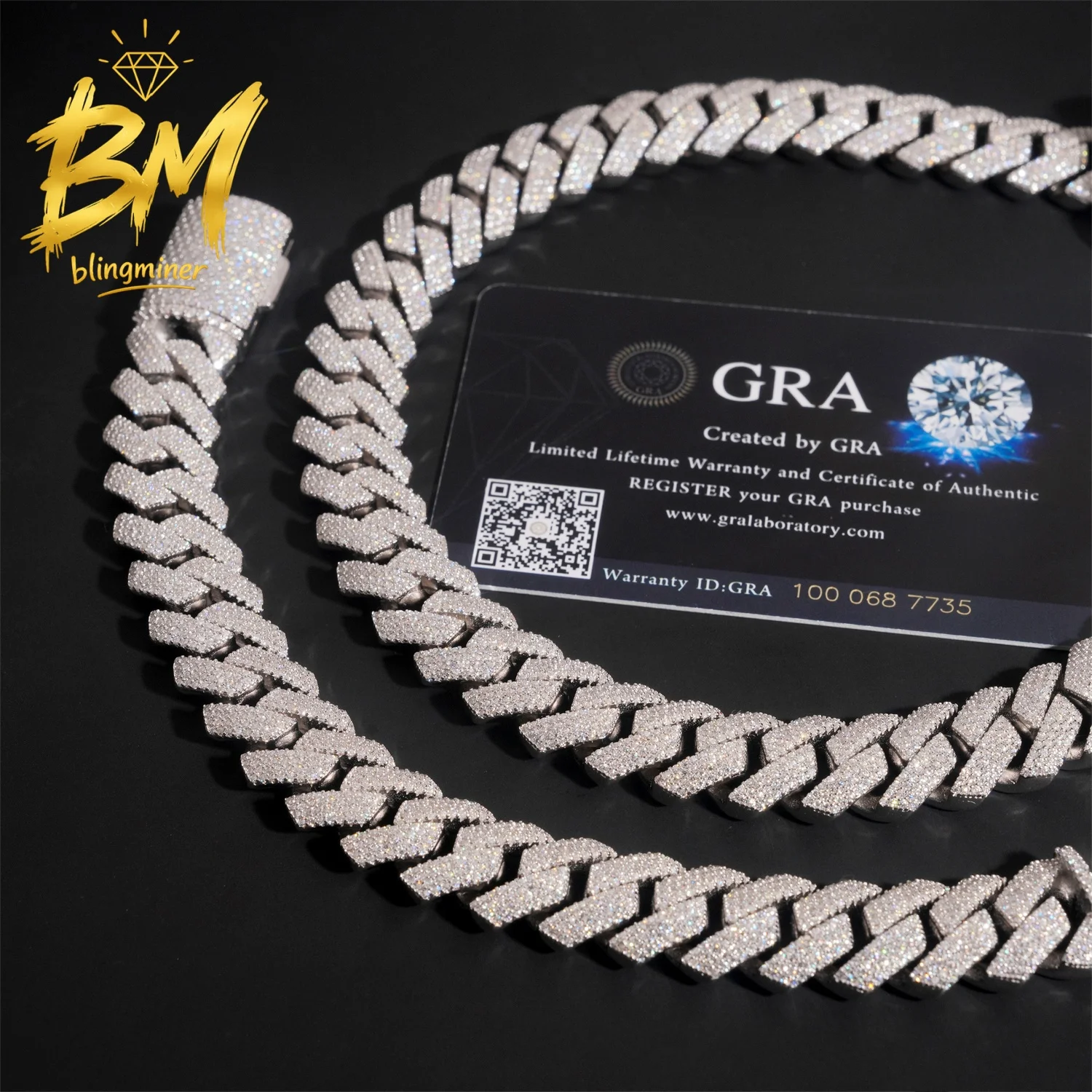 Blingminer 15mm 4 Row S925 Silver VVS Moissanite Cuban Link Chain Iced Out Necklaces For Men Jewelry Pass Diamonds Tester GRA