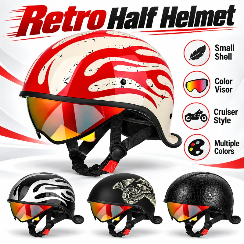 Small Shell Half Motorcycle Helmet for Men Women Retro Cruiser Scooter E-bike Riding Helmet with Color Visor