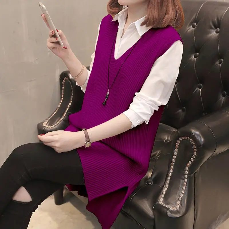 Women Turtleneck Solid Midi Sweater Vest Pullover Winter Knitted Side Split Dress Loose Waistcoat Female Top Sweater Vest Korean