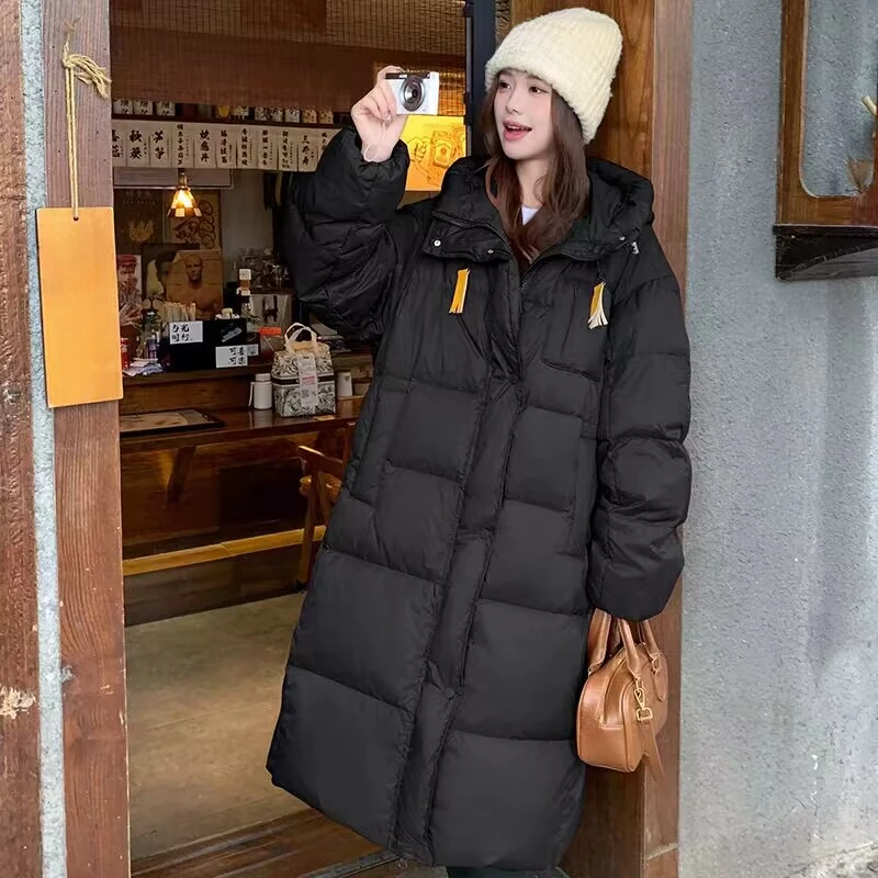 Long Down Coat for Women, Warm Loose Coat, Windproof Hooded, Korean Version, Hundred Knee, Parker Coat, 2024