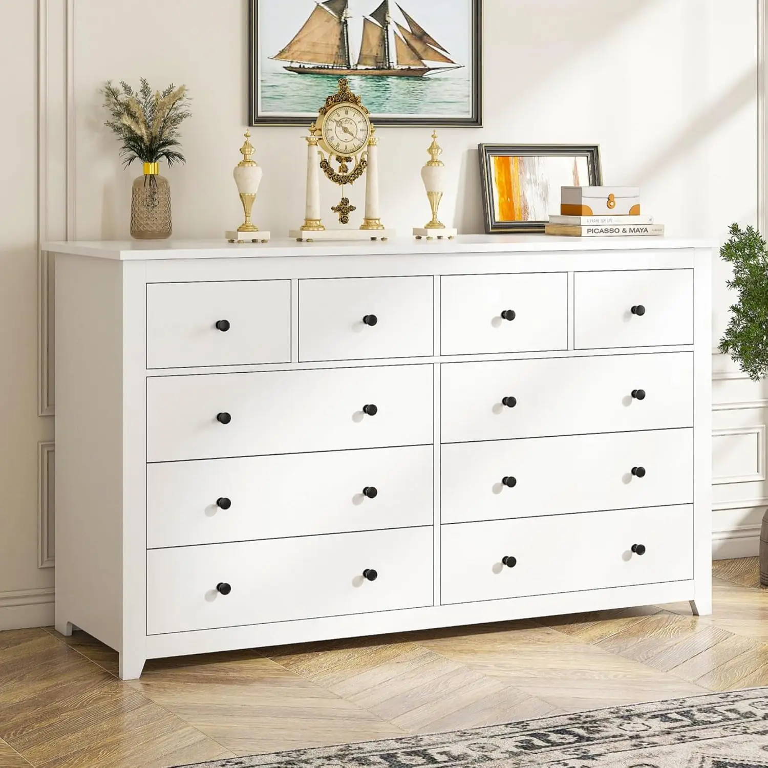 Modern White Wood Dresser for Bedroom and Office, 10 - Drawer, Multifunctional as TV Stand and Storage Cabinet