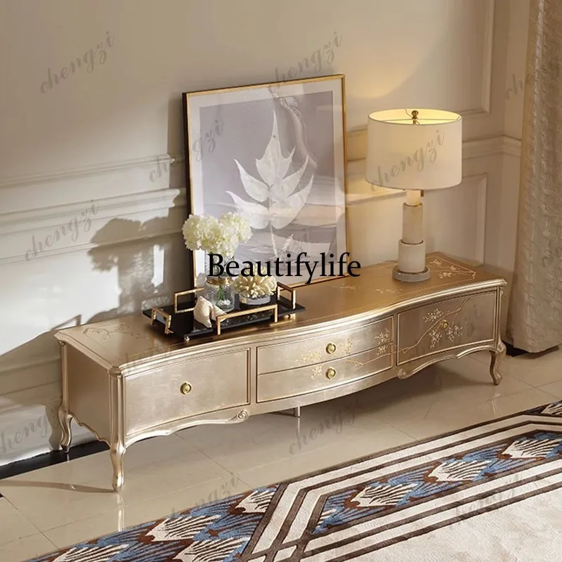 French light luxury solid wood TV, storage cabinet European palace sticker silver foil hand-painted edge cabinet