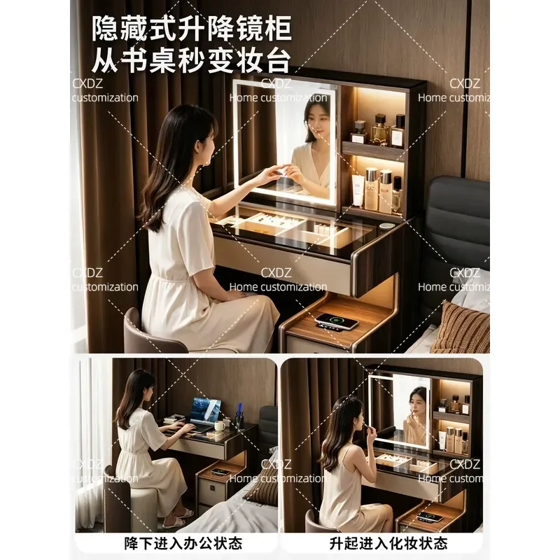 Italian Style Dresser Bedside Table Integrated Intelligent Electric Lifting Hidden Mirror Bedroom Light Luxury High End