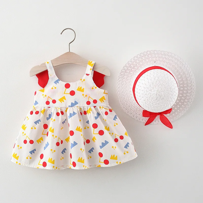 Summer New Girl Baby Dress with Small Wings and Cartoon Pattern Printed Sleeveless Open Back Strap Hat Princess Dress