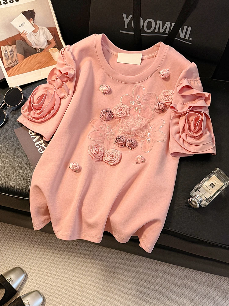 

New pink diamond studded 3D sequin flower T-shirt loose and slimming chic round neck top