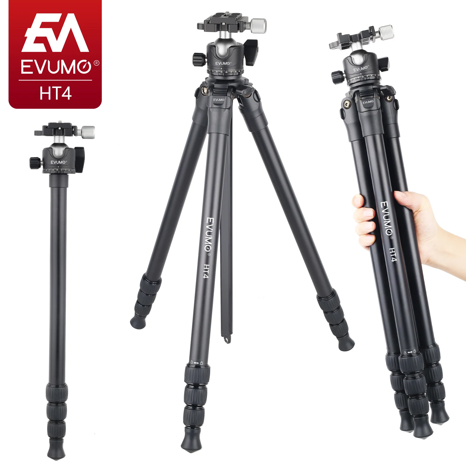 EVUMO 65\'\' Tripod for Camera Portable Compact Aluminum Monopod Phone Stand Load 15kg HT4 with 36mm Panoramic Ball Head