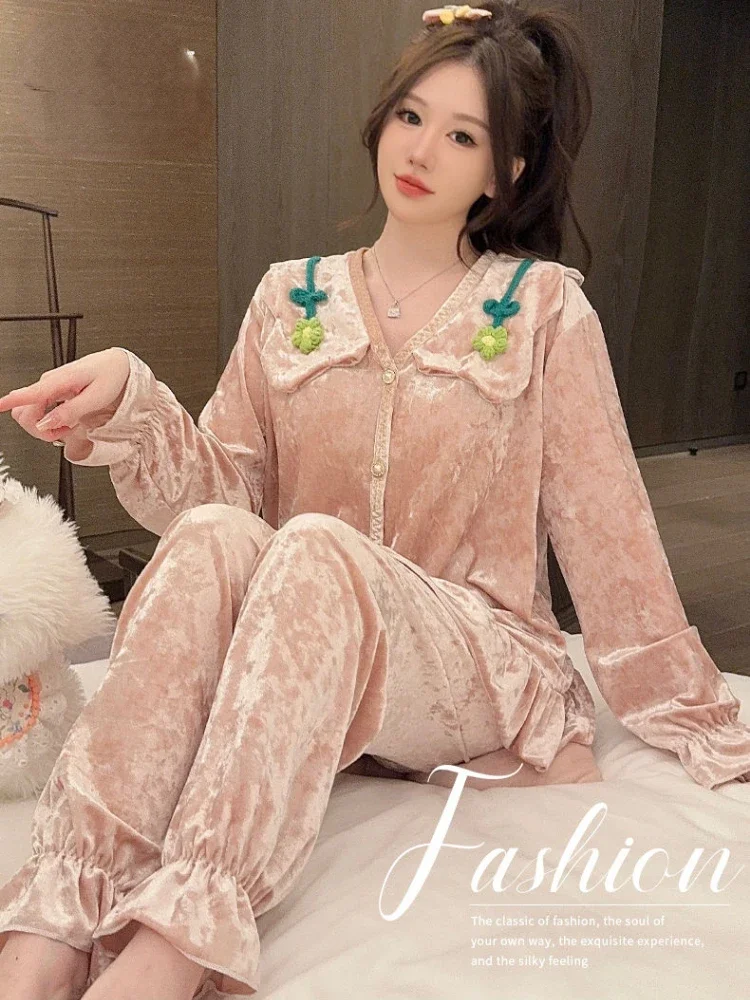 Luxury French Pajama Sets Women Long Sleeve Cardigan Pants Two Pieces Loungewear Velvet Sleepwear Sweet Home Wear Kawaii Clothes