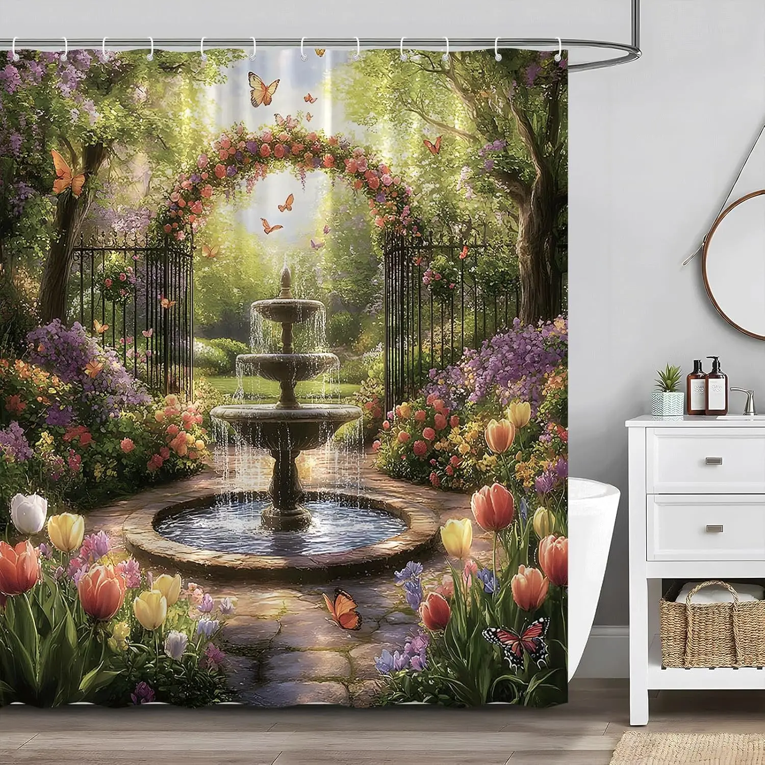 Fantasy Garden Shower Curtain Rustic Tulip Flower Butterfly Forest Nature Landscape Country Farmhouse Floral Plant Watercolor