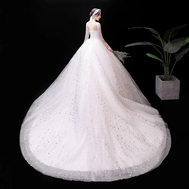 Robe de mariée blanche en Organza et Tulle, col rond, balayage des trois quarts, traîne brodée, # XXN-155