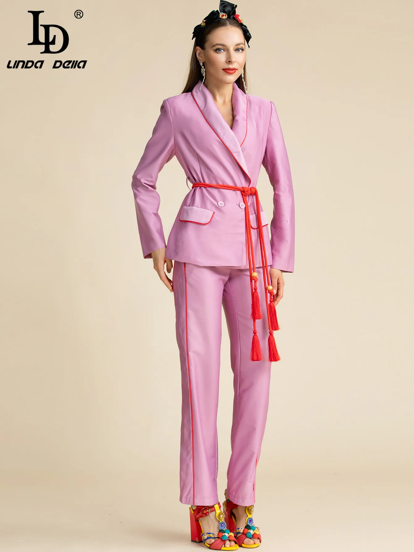 LD LINDA DELLA Fashion Designer Autumn Purple Pants Suit Women\'s Slim Long sleeve Belted Blazer and Pants Two Pieces Sets